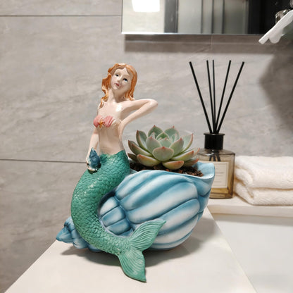KARSTSYLVA Mermaid Resin Planter Statue, Conch Base Succulent Flower Pot for Home Garden Nautical Decor (Blue)