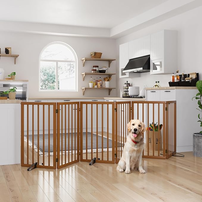Freestanding Extra Wide Dog Gate Indoor, 6-Panel Wooden Pet Gate with 2 Metal Stands and 360°Hinge, Tall Dog Gates for Doorways, Stairs, Doorways, Kitchen, Foldable Safety Fence, 110"W x 32"H - Walnut