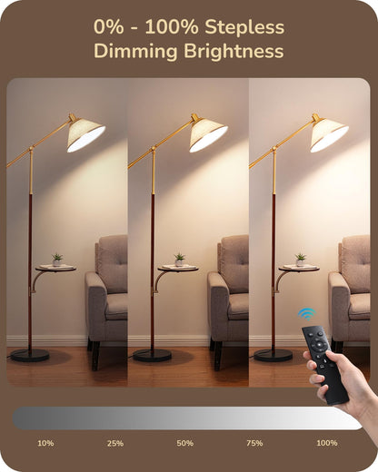 EDISHINE 68in Arc Floor Lamp, Vintage Design, Remote Dimmable Bulb, Beige Shade, Adjustable Arm, Wood Grain Finish, Model HFLEF1