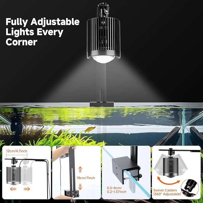 fishkeeper Clip On Aquarium Light, 24/7 Fish Tank Light with Timer, DIY 3 Colors & 10 Brightness Full Spectrum Aquarium LED Lights with Adjustable Metal Clamp for Freshwater Plants Fish Tanks (100W)