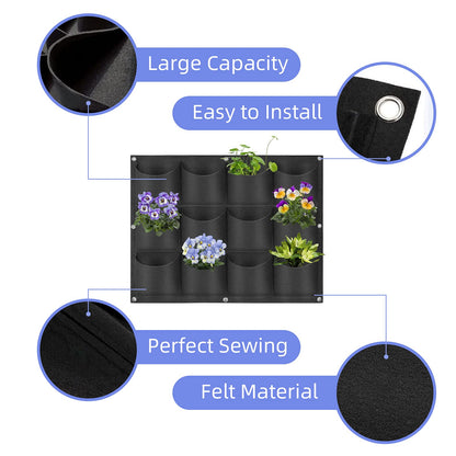 12 Pockets Hanging Planter Bags, Hanging Vertical Wall Mounted Plant Planting Grow Bags, Herb Garden Planter Outdoor Indoor Growing Bag, Gardening Vertical Greening Flower Container(0.6m×0.8m, Black)