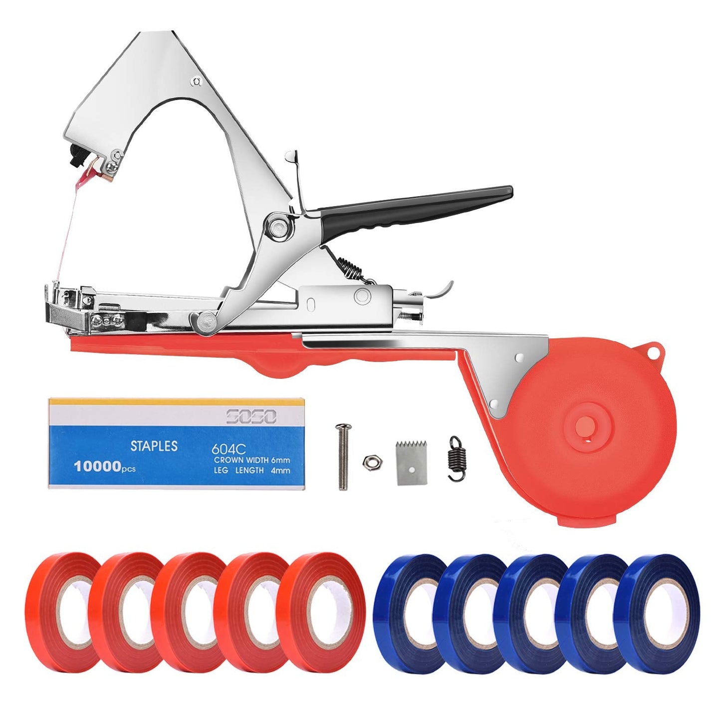 Yolando Plant Tying Machine Tape Tool for Tomatoes Peppers Grapes Cucumbers and Vining Vegetables Quickly and Easily Tie, Great for Gardeners Farmers, with Tapes, Spare Parts, Staples - Red