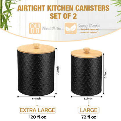 Reallnaive 2 Pcs Black Coffee Canister Set for Kitchen Countertop Bar Flour Sugar Tea Storage Container Farmhouse Metal Spice Jar with Airtight Bamboo Lid Spoon & Labels Housewarming Gift (2 Sizes)
