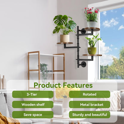YENGOTH Wooden Rotatable Window Sill Plant Stand, 3 Tier Wall Plant Holder, 180 Degree Rotating Plant Rack, Mid-Century Wooden Style Plant Stand for Indoor and Outdoor Decoration (black)
