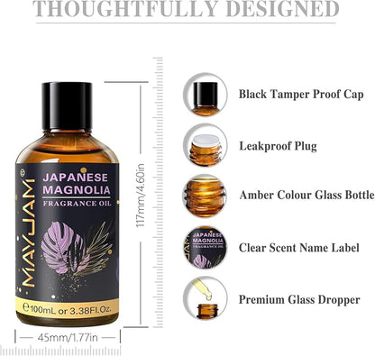 MAYJAM 100ML/3.38FL.OZ Japanese Magnolia Fragrance Oils with Glass Dropper, Essential Oils for Diffusers, Long Lasting Scented Oils for Soap Candle Making
