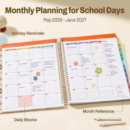 SUNEE Deluxe Teacher Planner 2026-2027, Lesson Planner Book with 7 Periods Jul 2026 - Jun 2027, 8.5" x 11" Weekly and Monthly Organizers with Colorful Tabs, Planning Stickers,120gms Paper,Retro Floral