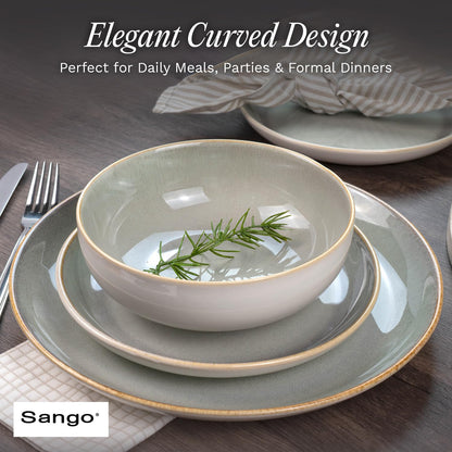 Sango 16-Piece Stoneware Dinnerware Set for 4, Glossy Cream/Green Big Dinner Plates and Bowls Sets with Reactive Glaze, Ceramic Dish Set, Modern Dishes, Microwave & Dishwasher Safe, Resona Moss