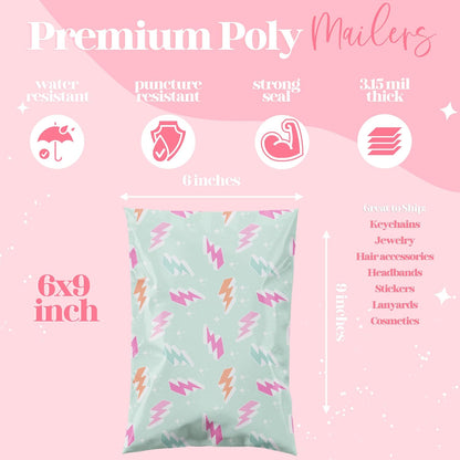 6x9 Designer Poly Mailer 100 Pack Heavy Duty Waterproof Self Seal Shipping Bags for Small Business Large Mailing Envelopes Bulk Tear Resistant Cute Packaging Lightning Bolt