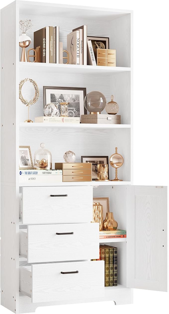IRONCK Bookshelf with Doors and 3 Drawers, 71in Tall Bookcase with 3-Tier Shelves, for Living Room Entrance Hallway Home Office