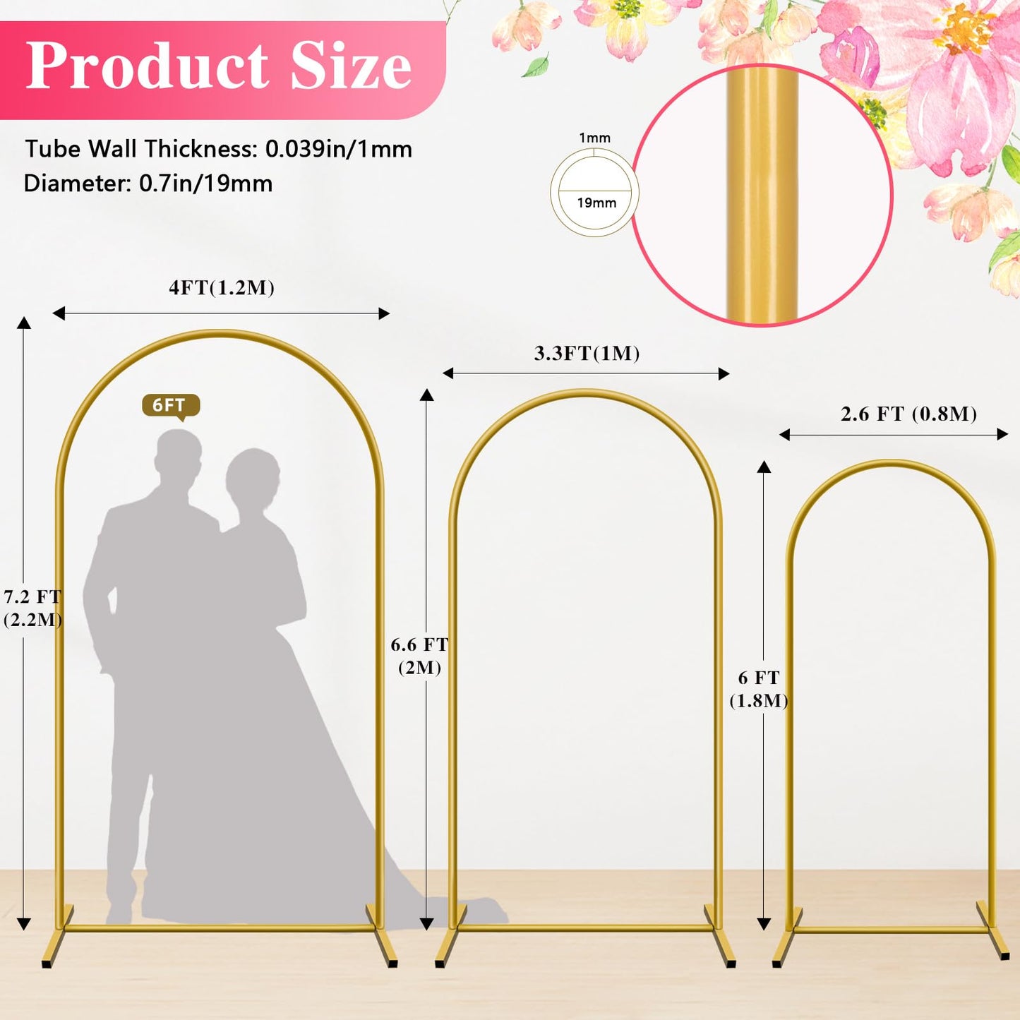 YAYOYA Metal Arch Backdrop Stand, Set of 3 (6/6.6/7.2 ft) Wedding Arched Frame with 12 Ground Nails, Stable Arched Background Stand for Wedding, Baby Shower, Birthday Party, Photography, Gold