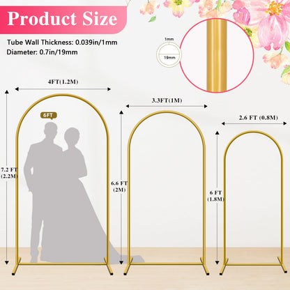 YAYOYA Metal Arch Backdrop Stand, Set of 3 (6/6.6/7.2 ft) Wedding Arched Frame with 12 Ground Nails, Stable Arched Background Stand for Wedding, Baby Shower, Birthday Party, Photography, Gold