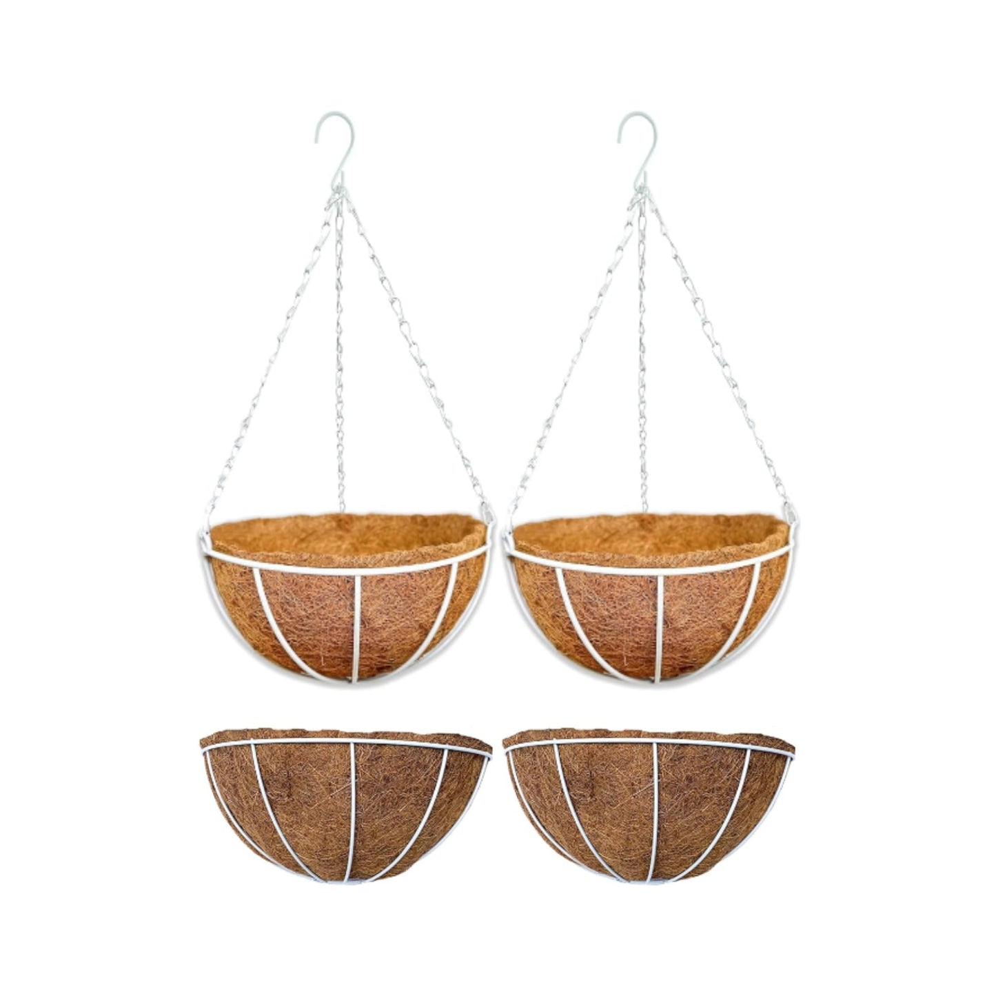 LaLaGreen Bundle (2 Pack, 10 Inch + 2 Pack, 12 Inch) Small Hanging Flower Pots with Coco Liner, White Metal Wire Round Plant Holder with Hook Chain, Wall Mounted Basket Fence Railing Deck Porch Patio