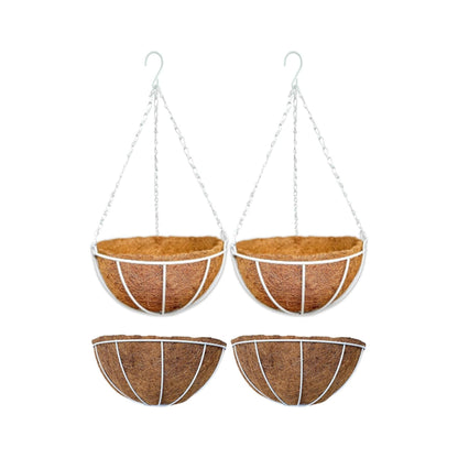 LaLaGreen Bundle (2 Pack, 10 Inch + 2 Pack, 12 Inch) Small Hanging Flower Pots with Coco Liner, White Metal Wire Round Plant Holder with Hook Chain, Wall Mounted Basket Fence Railing Deck Porch Patio
