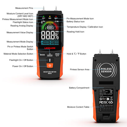 LASELION 2-in-1 Pin & Pinless Moisture Meter MS03 – Accurate Moisture Detection for Wood, Concrete, Drywall, and More – LCD Display with Hold Function, Flashlight, and Auto Power Off