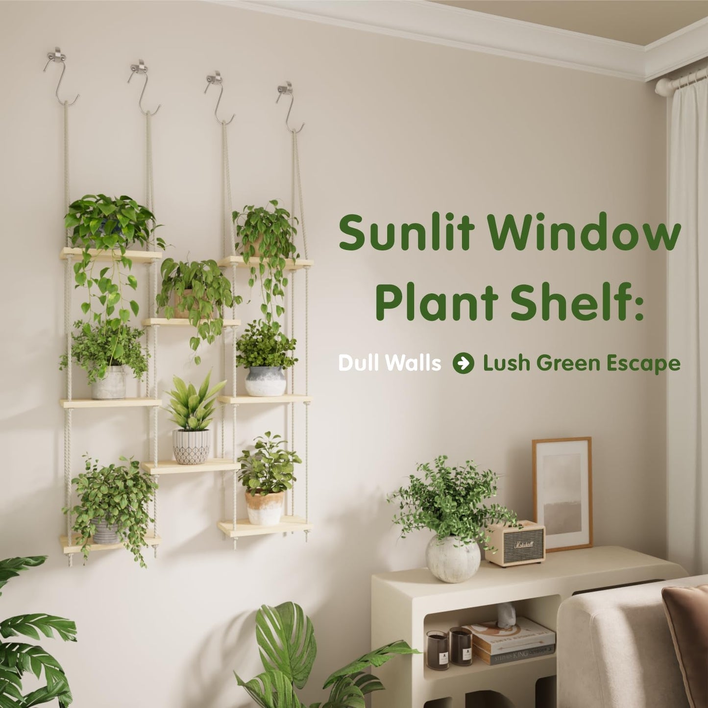 Window Plant Shelves, 8 Tier Window Sill Shelf for Plants, Macrame Hanging Plant Stand Indoor, Plant Hanger Floating Shelves, Window Plants Holder Boho Decor Living Room Bedroom Wall Decor (2 Pack)