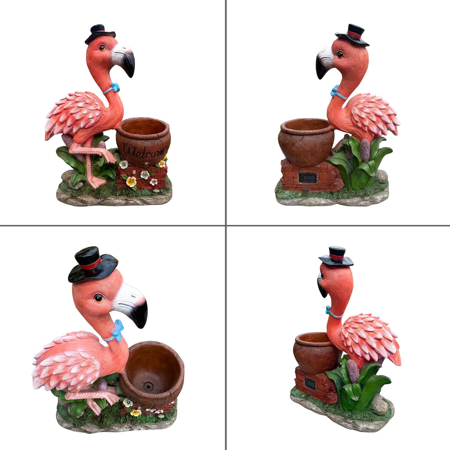 UNOIRNM Flamingo Welcome Planter Garden Statue - with Top Hat & Blue Bowtie – Lifelike 26.8” Tall, Weather-Resistant Resin – Perfect for Outdoor Lawn, Patio, & Porch Décor – Black top hat