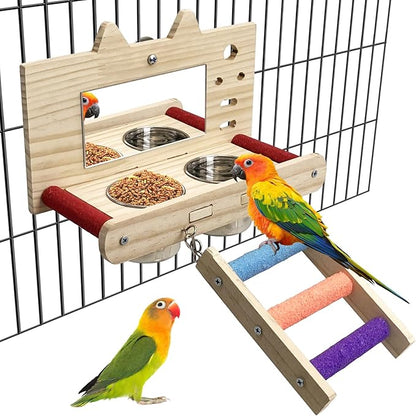 Tfwadmx Bird Food Stainless Steel Cups Wooden Perch Stand with Ladder Hanging Feeder Bowls Feeding and Watering Supplies for Parakeets Conures Cockatiels Budgie Parrot