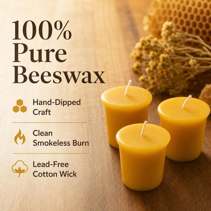 6 Pack Beeswax Votive Candles 2x2 Inch, 10-Hour Burn Time (60 Hrs Total), Smokeless & Unscented 100% Pure Natural Wax Candles for Prayer, Home Decor, Emergency & Weddings