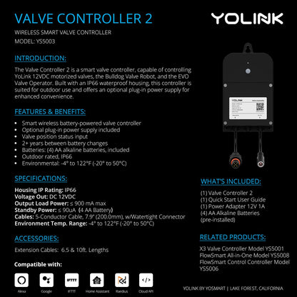 YoLink Wireless Smart Valve Control Kit, NSF Certified 1-1/2" Stainless Steel Motorized Valve, Wireless Controller 2, LoRa Long Range, D2D Offline with Leak Sensors, 2 Years Battery backup