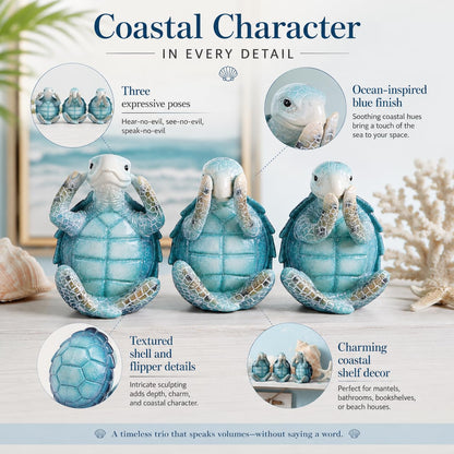 Wise Sea Turtle Sculpture Decor Set of 3,Hear See Speak No Evil Figurines,Summer & Coastal Bathroom Shelf Accents,Blue Ocean Statues for Beach House,Tiered Tray Mantel Decor,Sea Turtle Gifts for Women