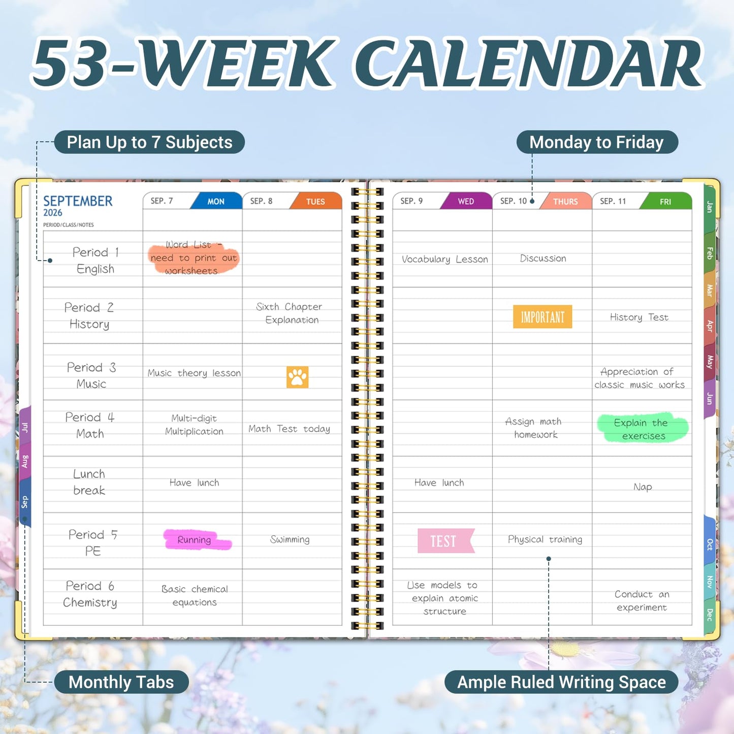 Teacher Planner 2026-2027 Academic Year, Jul.2026 - Jun.2027, 8.5" x 11" Lesson Planner Book for Teachers, Teacher Planners with Colorful Monthly Tabs, Hardcover- Flower Clusters