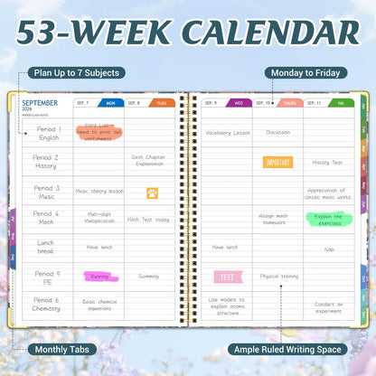 Teacher Planner 2026-2027 Academic Year, Jul.2026 - Jun.2027, 8.5" x 11" Lesson Planner Book for Teachers, Teacher Planners with Colorful Monthly Tabs, Hardcover- Flower Clusters