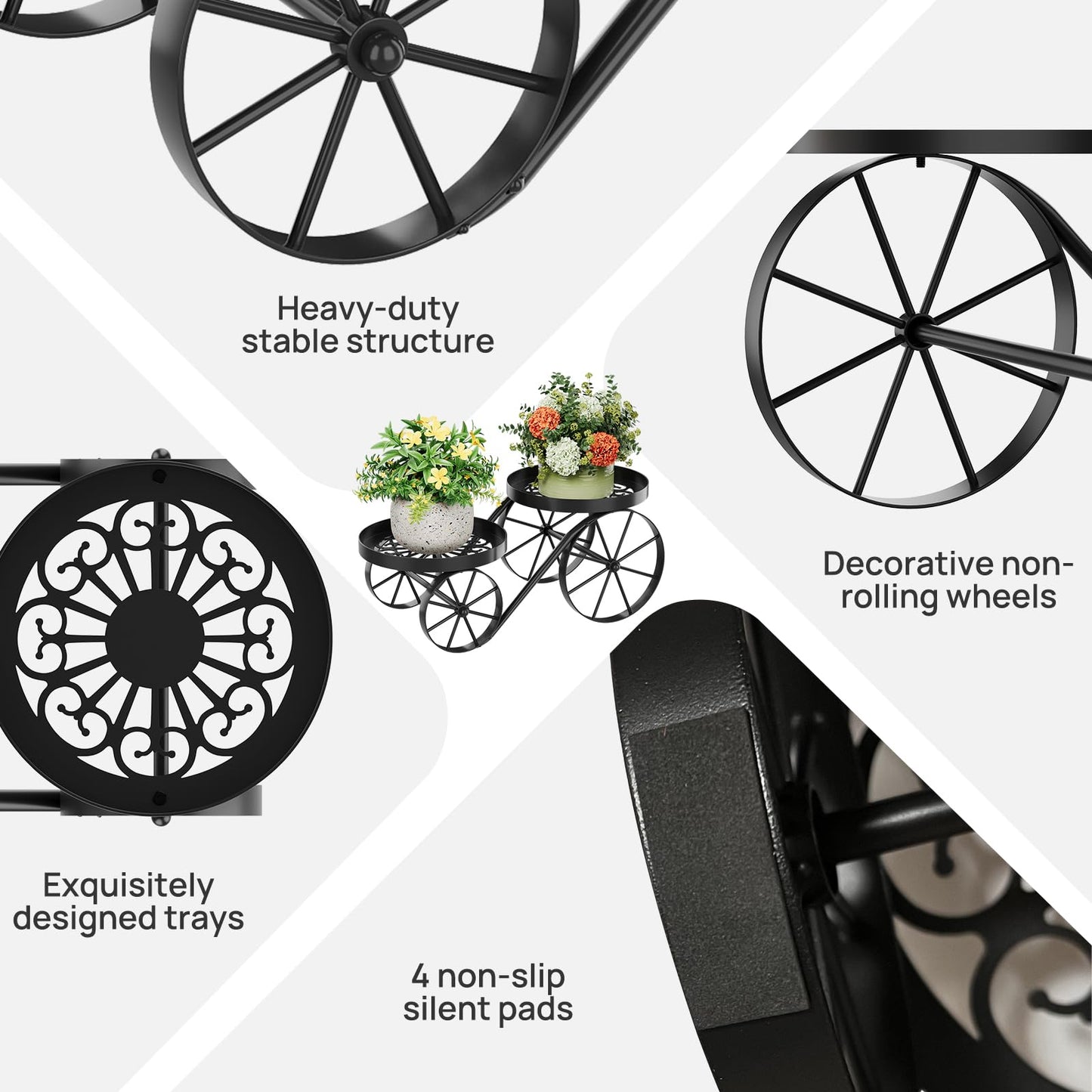 Cute Plant Stand Indoor Outdoor 2-Tier Metal Heavy Duty Flower Pot Holder with Decorative wagon wheels, Multi-Use Planter Display Rack Shelf for Garden Patio Balcony Living Room Corner (Black)