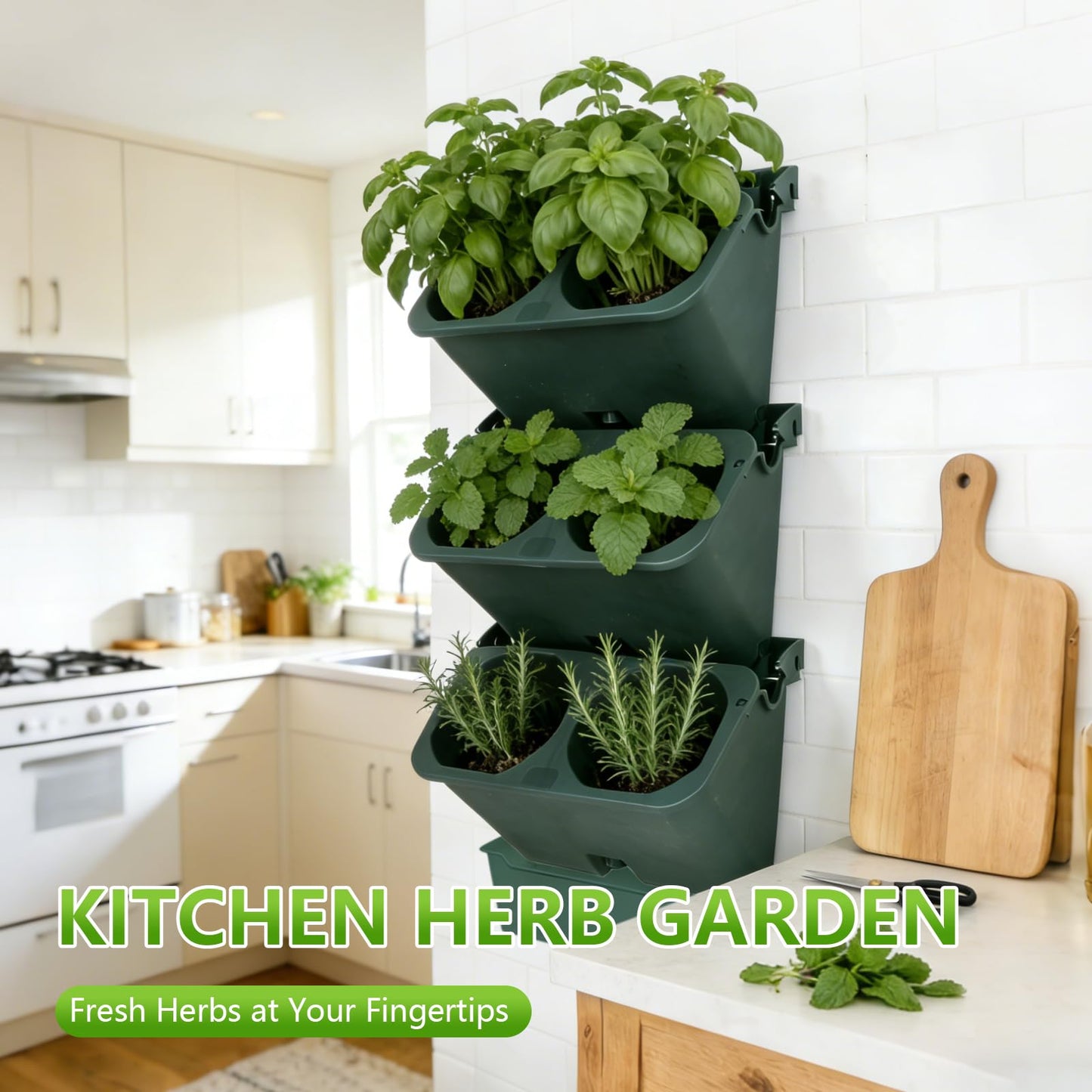3-Tiers Vertical Wall-Mounted Planter with 6 Pots Vertical Garden Living Wall Planter Indoor Self-Watering Soil-Water Separation Stackable Plastic Planter for Herb Vegetable Flower Succulent (Green)