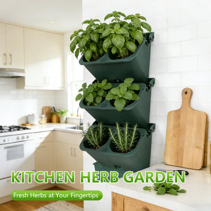 3-Tiers Vertical Wall-Mounted Planter with 6 Pots Vertical Garden Living Wall Planter Indoor Self-Watering Soil-Water Separation Stackable Plastic Planter for Herb Vegetable Flower Succulent (Green)