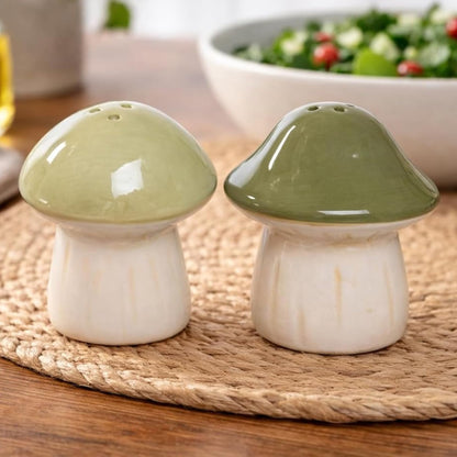 The Bridge Collection Ceramic Mushroom Salt And Pepper Shaker Set – Earthy Green Mushroom Shakers – Nature Inspired Kitchen Seasoning Set