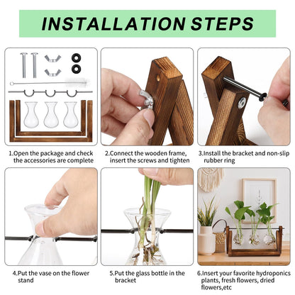 YIBOT Propagation Stations,Plant Terrarium with Retro Wooden Stand, Unique Gardening Birthday Gifts for Women Plant Lovers, Hydroponics Plants Home Office Garden Decor - 3 Bulb Glass Vases