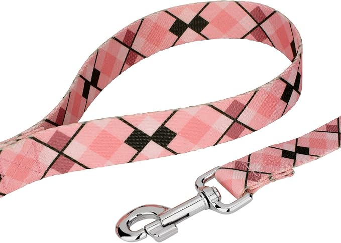 Country Brook Petz - Pink and Brown Argyle Everyday Dog Collar and Leash Limited Edition - Plaid and Argyle Collection Featuring Charming Designs (1/2 Inch, 2XS)