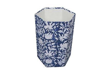 3.3 Gallon Cotton Hand Block Printed Paper Waste Basket |Small Decorative Trash Can for Housewarming Gifts in Living Room, Bedroom, Bathroom | Eco-Friendly, Plastic-Free (1, Blue White FLOWAR)