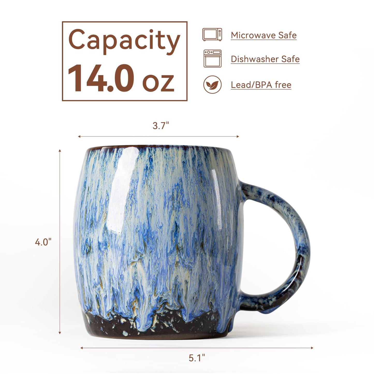 Unique Reactive Glaze Ceramic Coffee Mug - 14 oz Large Coffee Cup with Ergonomic Handle, Deep Sea Blue Mug for Coffee, Tea, Milk - Perfect Birthday & Housewarming Gift for Friends, Women, Men