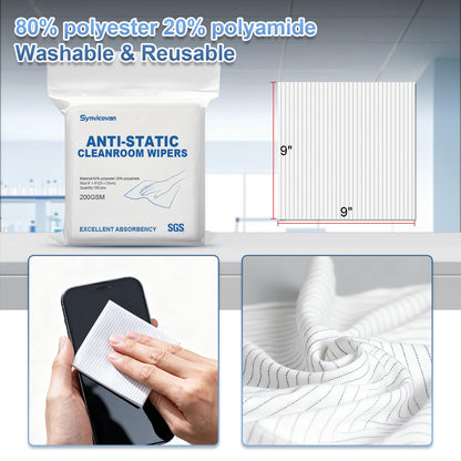 Synvicovan Anti-Static Microfiber Wipes 9"x9"(100 Pcs,Class 100, 200GSM) Lint Free Cloths Reusable Special ESD protection design is suitable for protecting sensitive electronic components and tools