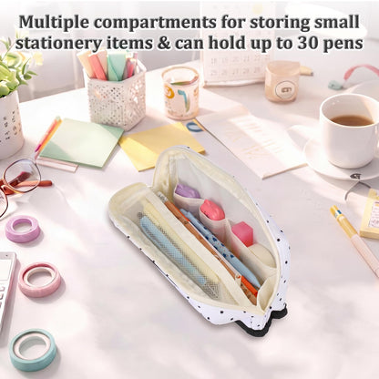 Gueevin Large Capacity Pencil Case Polka Dot Pen Pouch with Multiple Compartments Foldable Portable Pencil Case Black White Stationery Organizer Bag for Adults(White)