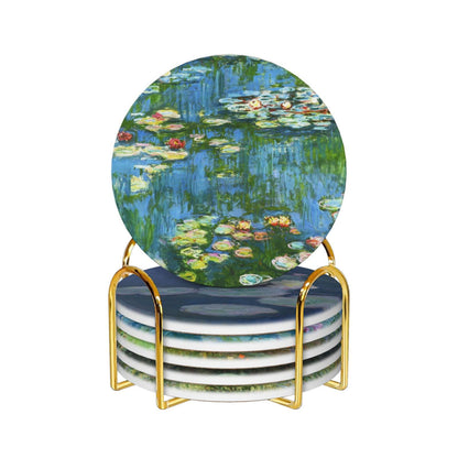 Ceramic Absorbent Art Coasters with Golden Holder Cork Base Set of 6 - Use 6 Famous Paintings, Unique Housewarming Gifts for Home Decorative (Claude Monet - Round - 2)