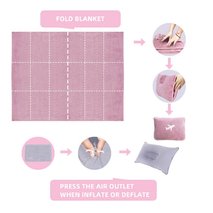 Nenolix 3 in 1 Travel Blanket Pillow Set - 350 GSM Thick Travel Blanket Airplane Compact with Bag, Soft Bag with a Pocket, Inflatable Travel Pillow for Camping & Car Trip (Blush Pink)