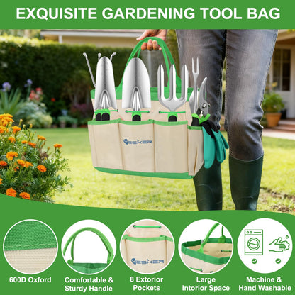 Yesker Gardening Tools 9-Piece Heavy Duty Garden Tool Set Gardening Supplies Gifts for Women Men Gardening Hand Tool Kit with Non-Slip Ergonomic Handle, Garden Bag, Durable Gloves and Shears, Green