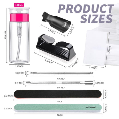 FANDAMEI Nail Polish Gel Remover Tools Kit with Nail Clips, 100ml Nail Polish Remover Bottle, 500 Nail Remover Cotton Pad, Nail Brush, Cuticle Pusher/Peeler, 100/180 Nail File,Buffer Block