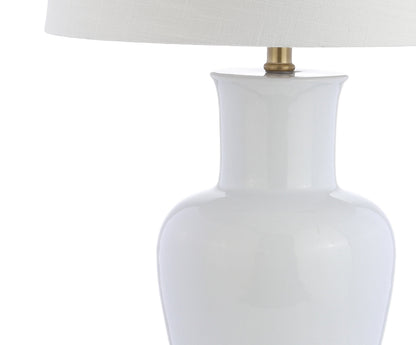 JONATHAN Y 29" White/Gold Traditional Ceramic Urn LED Table Lamp for Bedroom Decor, White Linen Drum Shade, Classic Nightstand Lamp for Living Room, LED Bulb Included JYL4026A