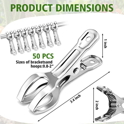 FoldTier 50 Pack Heavy-duty Stainless Steel Garden Clips Upgraded Large Opening Greenhouse Clamps for 3/4" to 2" Pipes Strong Grip Hoop House Clips for Row Covers Shade Cloth Tarps and Plant Support