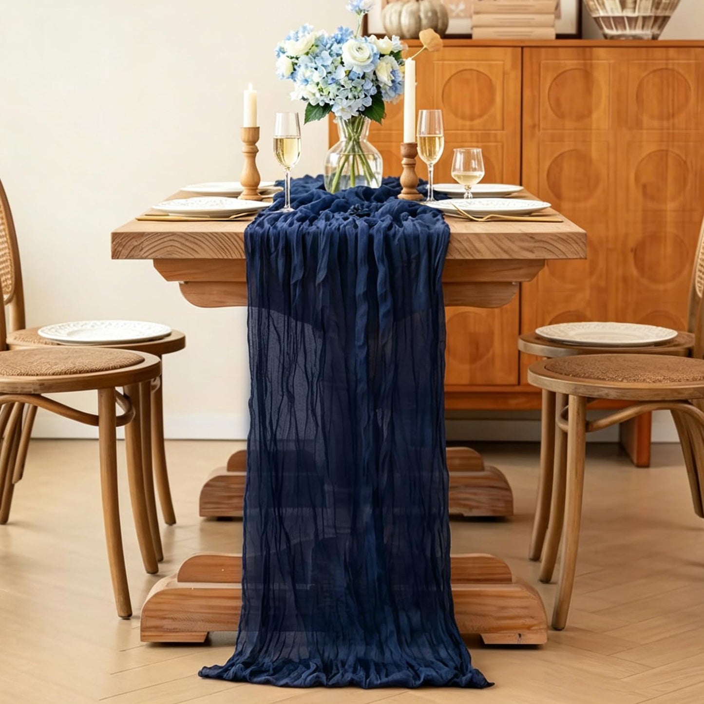 3Pcs Navy Blue Table Runner, 10FT Rustic Gauze Blue Table Runner 35*120inch Boho Table Runners for Wedding Bridal Shower Birthday Baby Shower Table Centerpiece Decorations