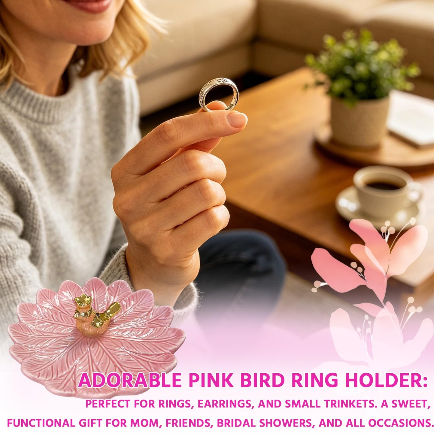 ONEPEACE Golden Bird Ceramic Ring Holder Dish for Women, Decorative Jewelry Tray Trinket Dish for Rings Earrings Necklace Organizer, Engagement Wedding Ring Holder, Christmas Birthday Gifts (Pink)
