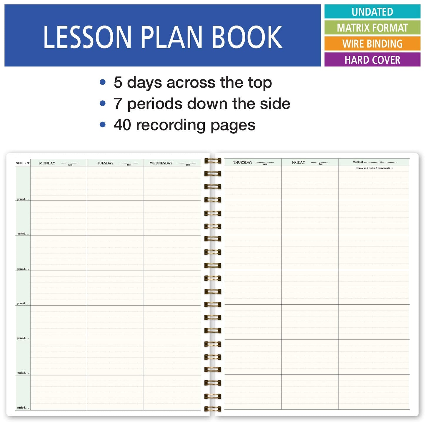 Elan Publishing Company HARDCOVER 7 Period Teacher Lesson Planner - Days Horizontally Across the Top with Bonus Clip-in Bookmark (Tree Seasons)