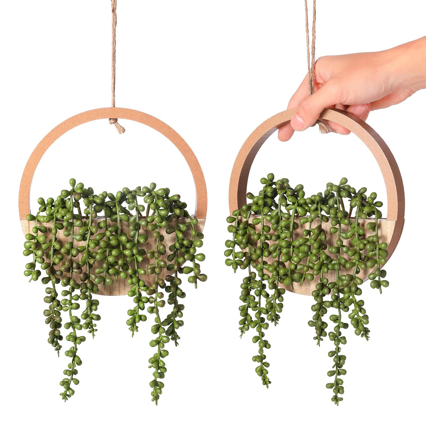 JUSTOYOU 2pcs Fake Hanging Plants Artificial Succulents Wooden Hanging Planter Artificial String of Pearls with Pot and Lanyard for Living Room Bathroom Indoor Outdoor Boho Wall Decor