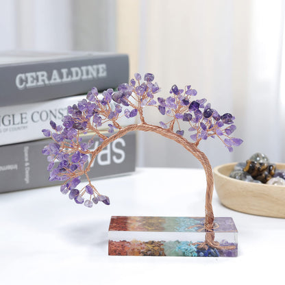 Rockcloud Amethyst Crystal Stone Money Tree with Chakra Resin Base, Handmade Feng Shui Bonsai Tree Home Office Desktop Decor for Good Luck and Wealth, Purple