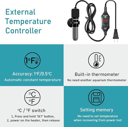 Small Submersible Aquarium Heater,Adjustable Mini Fish Tank Heater 25/50/100/150/200/300 Watts with External Temperature Controller, LED Display, Smart Memory, Used for 1-60 Gallons (50W)