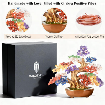 MASGEMES 7 Chakra Crystal Tree of Life Bonsai with Natural Gemstones(360 Large Beads) Chakra Balancing Healing Crystals Feng Shui Money Tree for Positive Energy, Office & Home Decor 8"