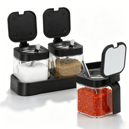 JEPELUS 3 Pcs Condiment Jar Spice Container with Lids and Spoons, Clear Glass Salt and Sugar Container Sets, Square Condiment Canisters Pots Seasoning Box for Kitchen Countertop (Black)